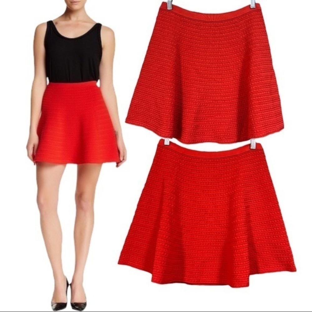 THEORY Rortie Textured Knit Flared Skirt Scarlet Red M